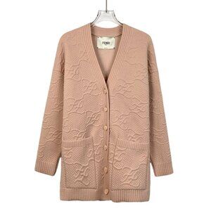 Fendi Roma Beige Wool & Silk Embossed FF Oversized Cardigan With Ribbed Trim & F